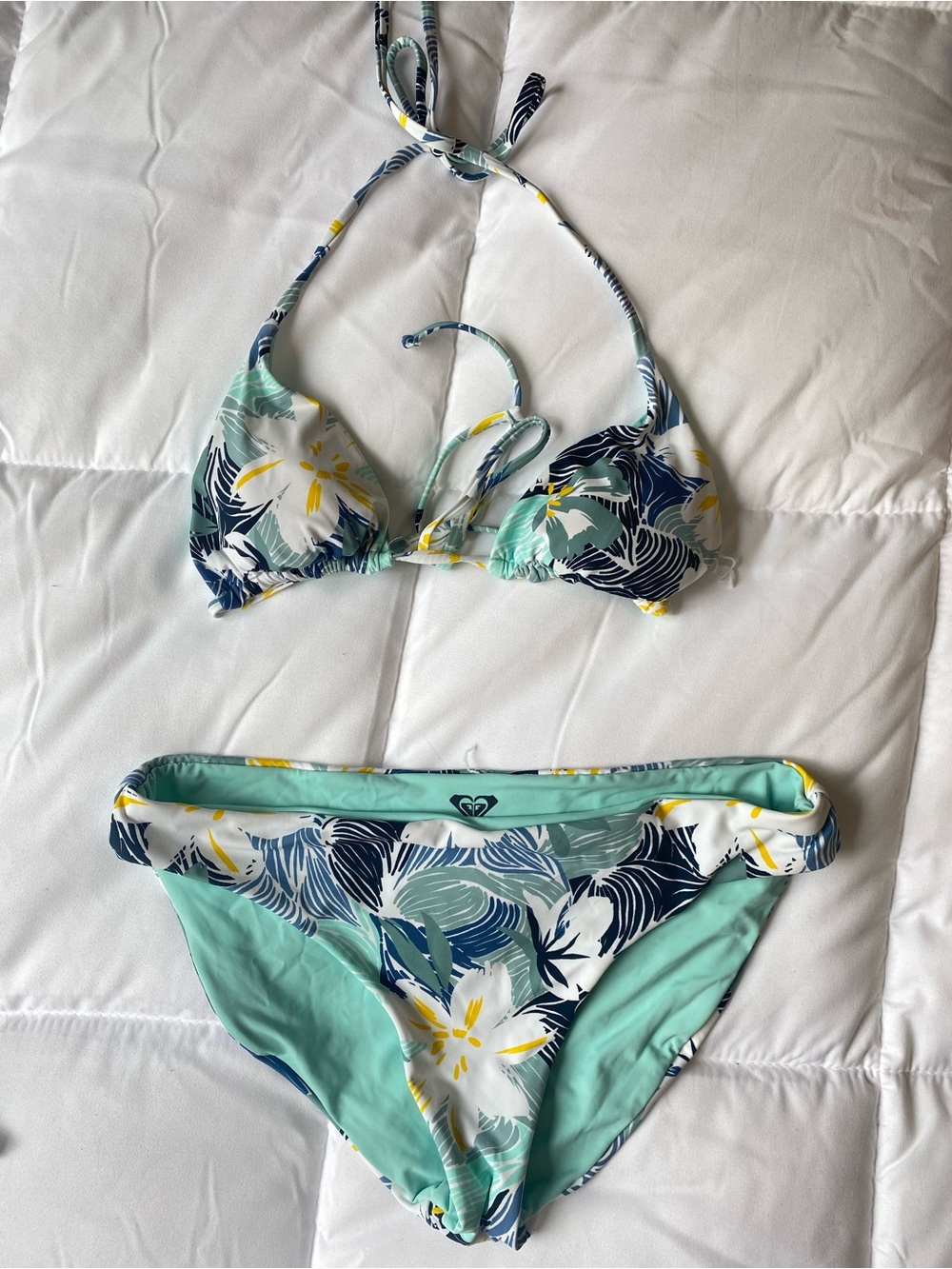 Roxy Floral Triangle Bikini in Mint, Navy & Yellow